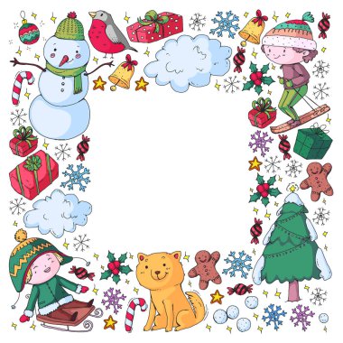 Küçük çocuklarla Noel şablonu. Noel Baba ve Kardan Adam. Kayak, kızak, buz pateni..