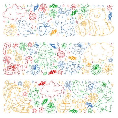 Küçük çocuklarla Noel şablonu. Noel Baba ve Kardan Adam. Kayak, kızak, buz pateni..