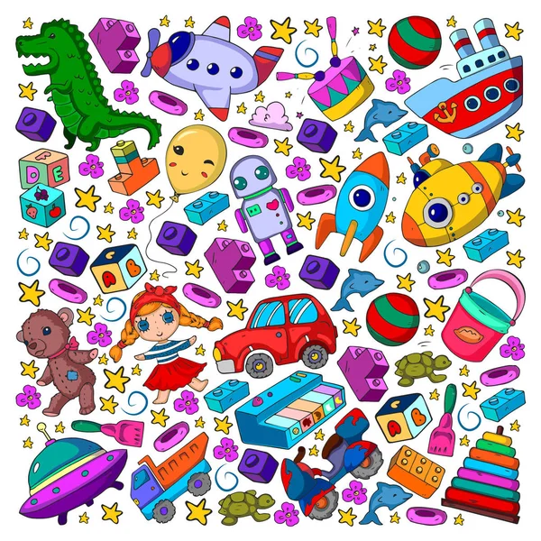 Vektorový vzor s hračkami pro malé děti. Mateřské děti si hrají s panenkou, dinosaurem, ponorkou, letadlem, autem. — Stockový vektor