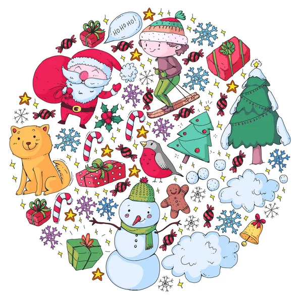 Christmas pattern with little children. Santa Claus and snowman. Ski, sledge, ice skating. — Stock Vector