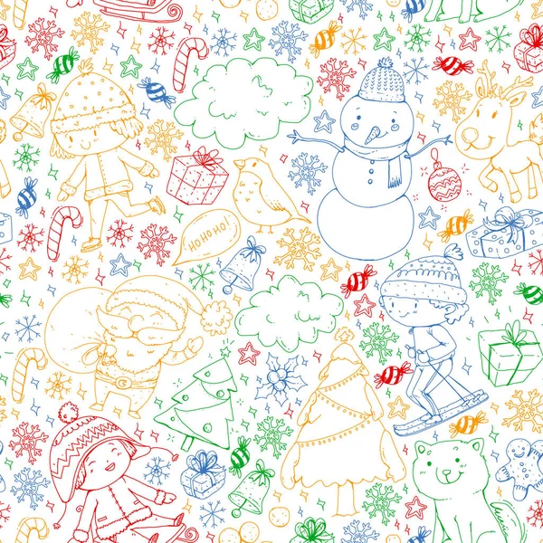 Kerst patroon met kleine kinderen. Kerstman en sneeuwpop. Ski, slee, schaatsen. — Stockvector