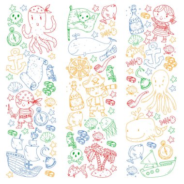 Korsanlar ve denizkızları. Küçük çocuklar için vektör kalıbı. Deniz ve okyanus tarzında doğum günü partisi