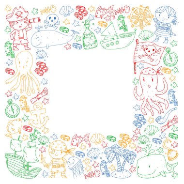 Korsanlar ve denizkızları. Küçük çocuklar için vektör kalıbı. Deniz ve okyanus tarzında doğum günü partisi