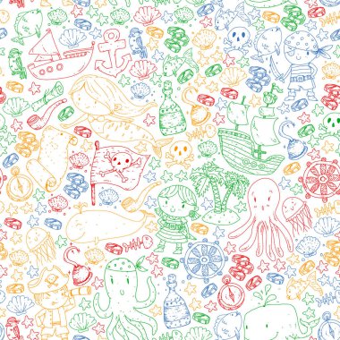 Korsanlar ve denizkızları. Küçük çocuklar için vektör kalıbı. Deniz ve okyanus tarzında doğum günü partisi