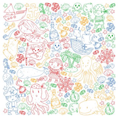 Korsanlar ve denizkızları. Küçük çocuklar için vektör kalıbı. Deniz ve okyanus tarzında doğum günü partisi