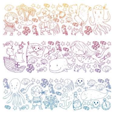 Korsanlar ve denizkızları. Dalış ikonları. Küçük çocuklar için vektör kalıbı. Deniz ve okyanus tarzında doğum günü partisi