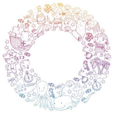 Korsanlar ve denizkızları. Dalış ikonları. Küçük çocuklar için vektör kalıbı. Deniz ve okyanus tarzında doğum günü partisi