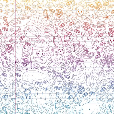 Korsanlar ve denizkızları. Küçük çocuklar için vektör kalıbı. Deniz ve okyanus tarzında doğum günü partisi