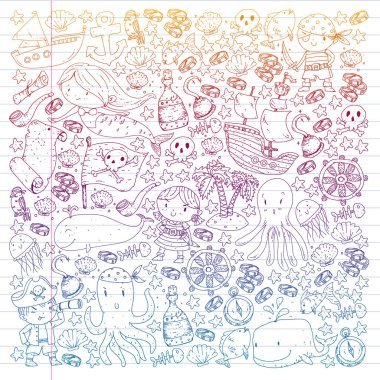 Korsanlar ve denizkızları. Küçük çocuklar için vektör kalıbı. Deniz ve okyanus tarzında doğum günü partisi