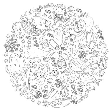 Korsanlar ve denizkızları. Küçük çocuklar için vektör kalıbı. Deniz ve okyanus tarzında doğum günü partisi