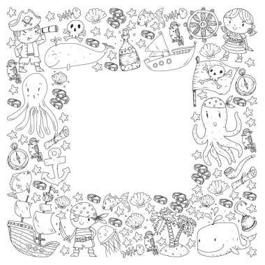 Korsanlar ve denizkızları. Küçük çocuklar için vektör kalıbı. Deniz ve okyanus tarzında doğum günü partisi