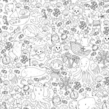 Korsanlar ve denizkızları. Küçük çocuklar için vektör kalıbı. Deniz ve okyanus tarzında doğum günü partisi