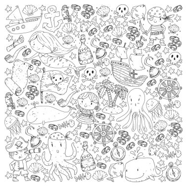 Korsanlar ve denizkızları. Küçük çocuklar için vektör kalıbı. Deniz ve okyanus tarzında doğum günü partisi