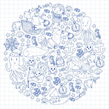 Korsanlar ve denizkızları. Küçük çocuklar için vektör kalıbı. Deniz ve okyanus tarzında doğum günü partisi