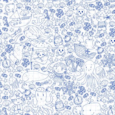 Korsanlar ve denizkızları. Küçük çocuklar için vektör kalıbı. Deniz ve okyanus tarzında doğum günü partisi