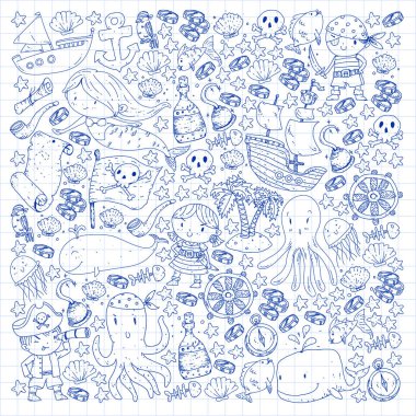 Korsanlar ve denizkızları. Küçük çocuklar için vektör kalıbı. Deniz ve okyanus tarzında doğum günü partisi