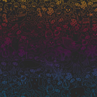 Korsanlar ve denizkızları. Küçük çocuklar için vektör kalıbı. Deniz ve okyanus tarzında doğum günü partisi