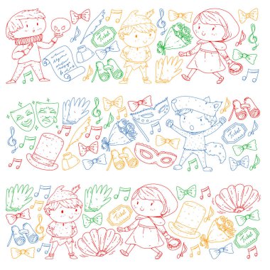 Performans, küçük çocuklarla tiyatro. Masal sahnelerindeki anaokulu çocukları. Kırmızı Başlıklı Kız ve Shakespeare Hamlet 'i sahneleyen genç oyuncular. Robin Hood kostümü.