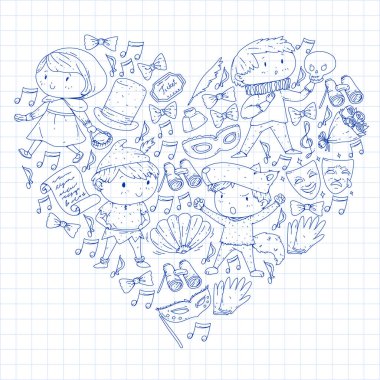 Performans, küçük çocuklarla tiyatro. Masal sahnelerindeki anaokulu çocukları. Kırmızı Başlıklı Kız ve Shakespeare Hamlet 'i sahneleyen genç oyuncular. Robin Hood kostümü.