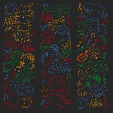 Performans, küçük çocuklarla tiyatro. Masal sahnelerindeki anaokulu çocukları. Kırmızı Başlıklı Kız ve Shakespeare Hamlet 'i sahneleyen genç oyuncular. Robin Hood kostümü.