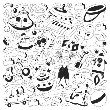 Oyuncak simgeleriyle vektör ayarlandı. Anaokulu için örnek, küçük çocuklar. Oyun oynayan çocuklar.