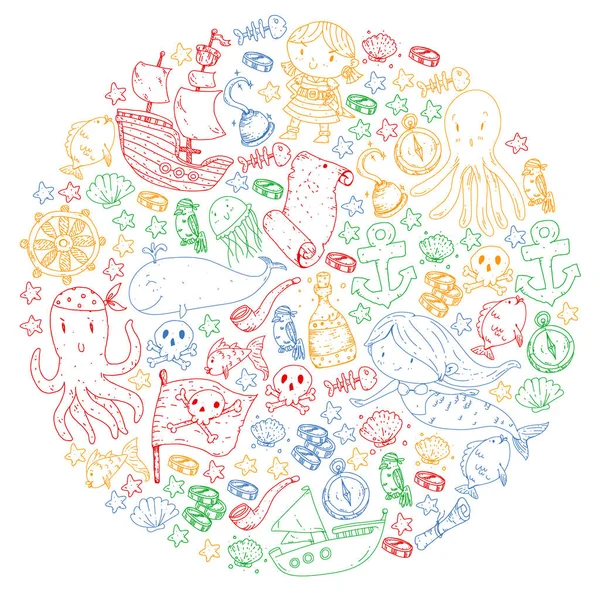 Korsanlar ve denizkızları. Küçük çocuklar için vektör kalıbı. Deniz ve okyanus tarzında doğum günü partisi