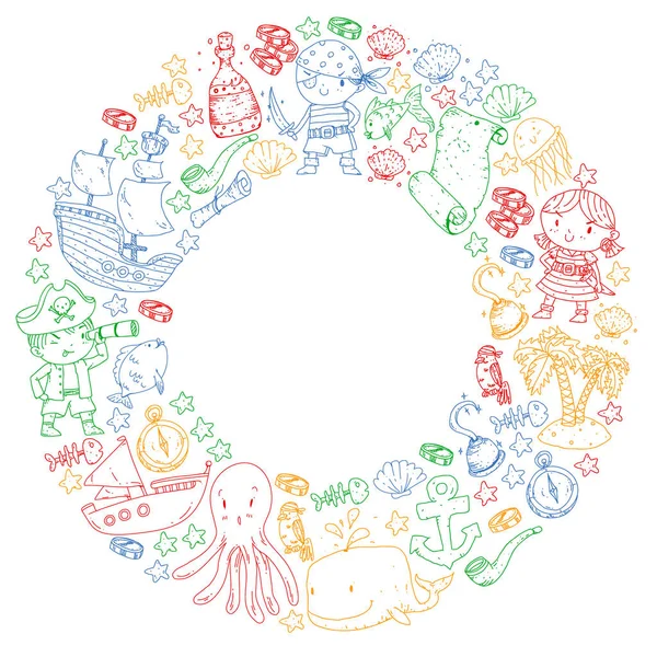 Korsanlar ve denizkızları. Küçük çocuklar için vektör kalıbı. Deniz ve okyanus tarzında doğum günü partisi
