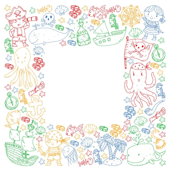 Korsanlar ve denizkızları. Küçük çocuklar için vektör kalıbı. Deniz ve okyanus tarzında doğum günü partisi