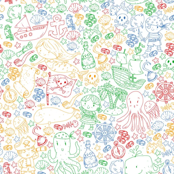 Korsanlar ve denizkızları. Küçük çocuklar için vektör kalıbı. Deniz ve okyanus tarzında doğum günü partisi