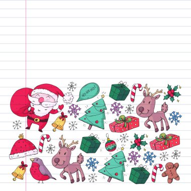 Noel kış partisi. Yeni Yılınız Kutlu Olsun. Şakrak kuşu, Noel Baba, kardan adam, geyik. Hediyeler ve şeker.