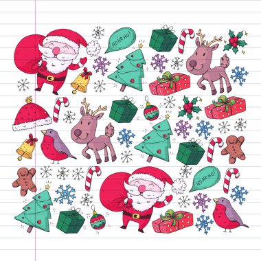 Noel kış partisi. Yeni Yılınız Kutlu Olsun. Şakrak kuşu, Noel Baba, kardan adam, geyik. Hediyeler ve şeker.
