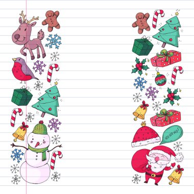 Noel kış partisi. Yeni Yılınız Kutlu Olsun. Şakrak kuşu, Noel Baba, kardan adam, geyik. Hediyeler ve şeker.