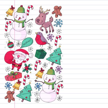 Noel kış partisi. Yeni Yılınız Kutlu Olsun. Şakrak kuşu, Noel Baba, kardan adam, geyik. Hediyeler ve şeker.