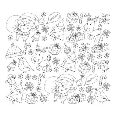Noel kış partisi. Yeni Yılınız Kutlu Olsun. Şakrak kuşu, Noel Baba, kardan adam, geyik. Hediyeler ve şeker.