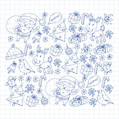 Noel kış partisi. Yeni Yılınız Kutlu Olsun. Şakrak kuşu, Noel Baba, kardan adam, geyik. Hediyeler ve şeker.