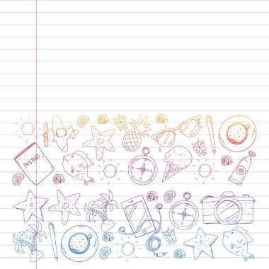 Seyahat vektör desen. Macera, plaj, tropikal tasarım.