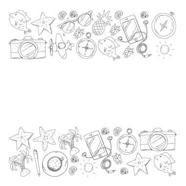 Seyahat vektör desen. Macera, plaj, tropikal tasarım.