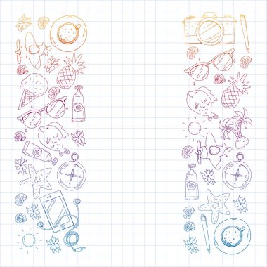 Seyahat vektör desen. Macera, plaj, tropikal tasarım.