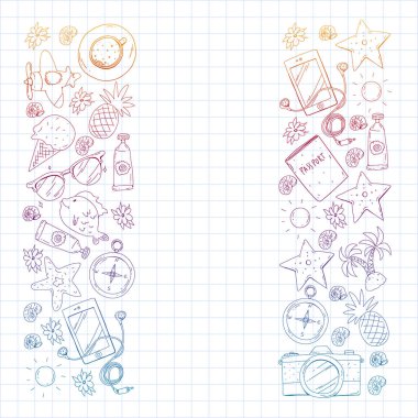 Seyahat vektör desen. Macera, plaj, tropikal tasarım.