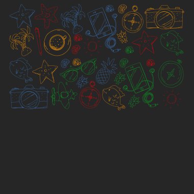 Seyahat vektör desen. Macera, plaj, tropikal tasarım.