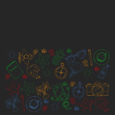 Seyahat vektör desen. Macera, plaj, tropikal tasarım.