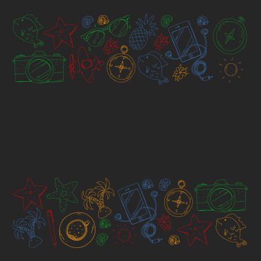 Seyahat vektör desen. Macera, plaj, tropikal tasarım.