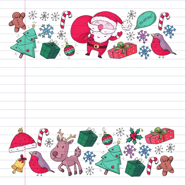 Festa invernale di Natale. Felice anno nuovo. Bullfinch, Babbo Natale, pupazzo di neve, cervo. Regali e caramelle . — Vettoriale Stock