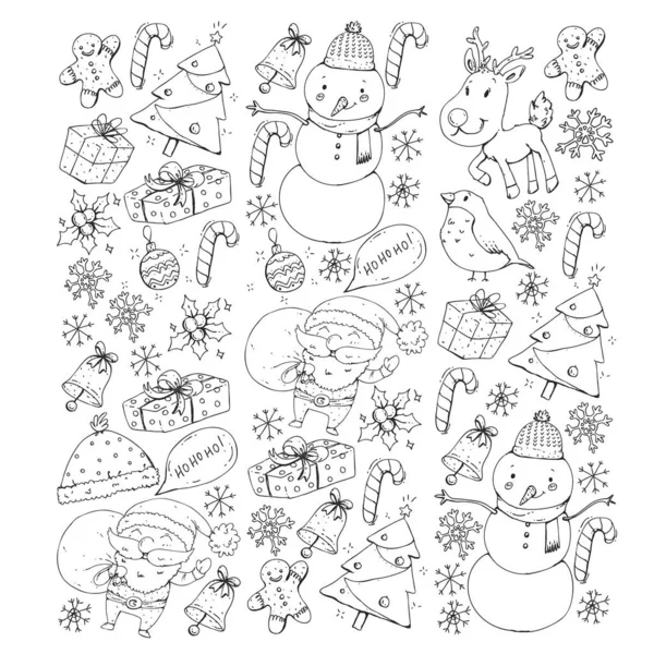 Christmas winter party. Happy new year. Bullfinch, Santa Claus, snowman, deer. Presents and candy. — Stock Vector