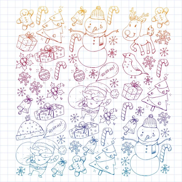 圣诞冬季派对新年快乐。牛雀, 圣诞老人, 雪人, 鹿。礼物和糖果. — 图库矢量图片
