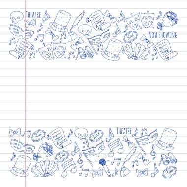 Tiyatro vektör çizim. Entertaiment, sinema, sahne, olay. Afiş, poster için arka plan.