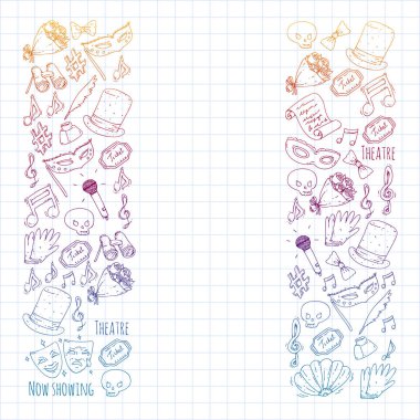 Tiyatro vektör çizim. Entertaiment, sinema, sahne, olay. Afiş, poster için arka plan.