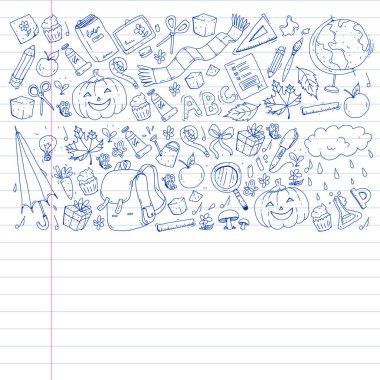 Geri okul vektör desene. Çocuklar için eğitim simgeler.