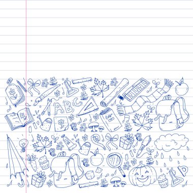 Geri okul vektör desene. Çocuklar için eğitim simgeler.