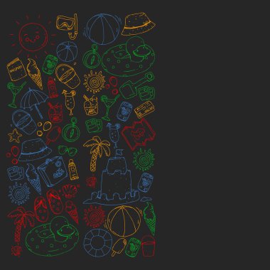 Seyahat ve plaj simgeleri ile vektör deseni.